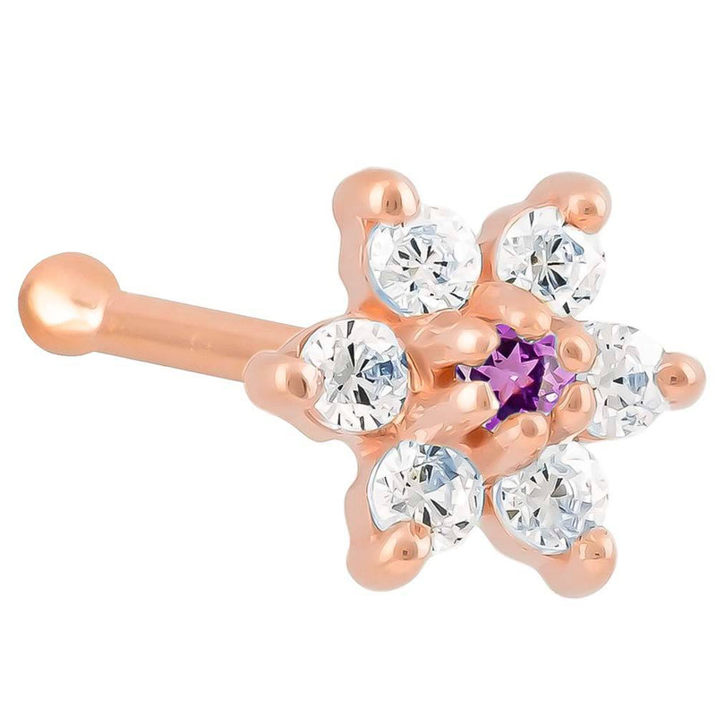 14K rose gold 20G flower nose bone with purple amethyst CZ center and clear CZ petals