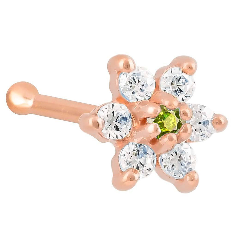14K rose gold flower nose bone with light green peridot CZ center and clear CZ petal stones