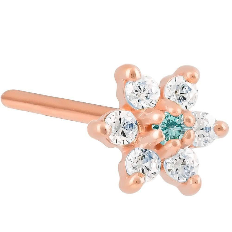 14K rose gold flower nose ring with aquamarine teal CZ center and clear CZ petals, 20G