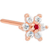 14K rose gold flower nose ring with red ruby CZ center and clear CZ petals, 20G