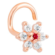 14K rose gold CZ flower nose ring twist with ruby-red center CZ, front angled view on white