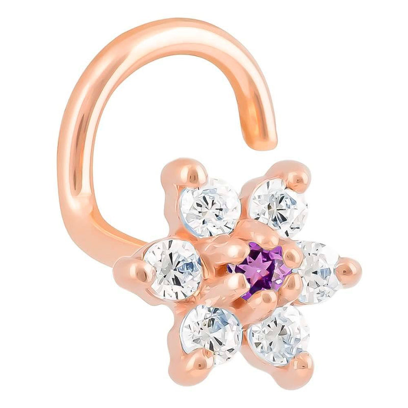 14K rose gold CZ flower nose ring twist with small purple amethyst center CZ, front angled view