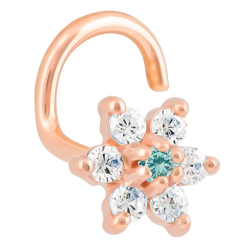 14K rose gold CZ flower nose ring twist with small aquamarine center CZ, front angled view