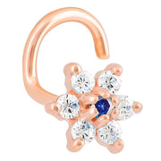 14K rose gold CZ flower nose ring twist with small blue sapphire center CZ, front angled view