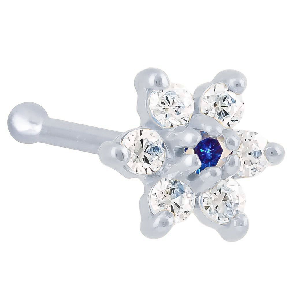 Cubic Zirconia Flower 14K Gold Nose Ring Bone-14K White Gold   18G   Blue Sapphire CZ