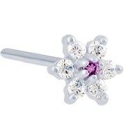 14K white gold flower nose ring with purple amethyst CZ center and clear CZ petals, 18G