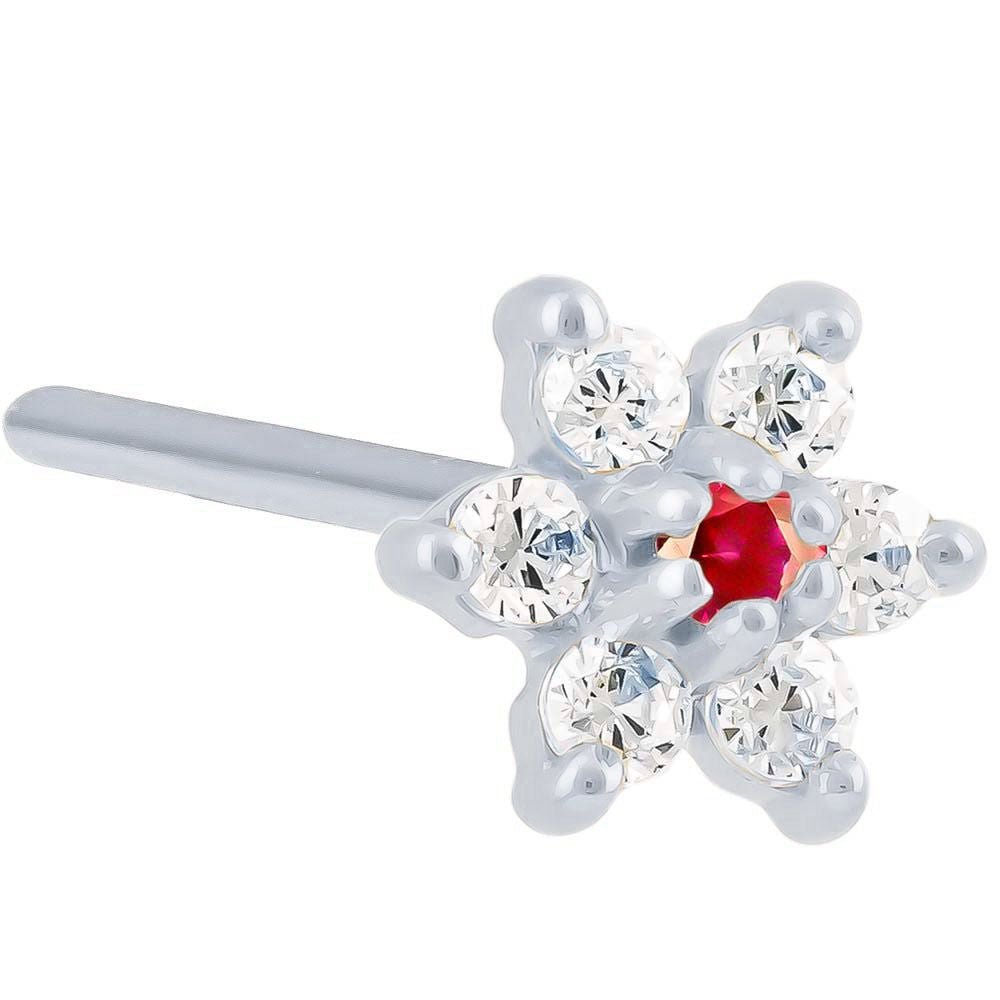 Cubic Zirconia Flower 14K Gold Pin Post Nose Ring-14K White Gold   18G   Ruby CZ