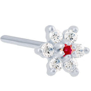 14K white gold flower nose ring with red ruby CZ center and clear CZ petals, 18G