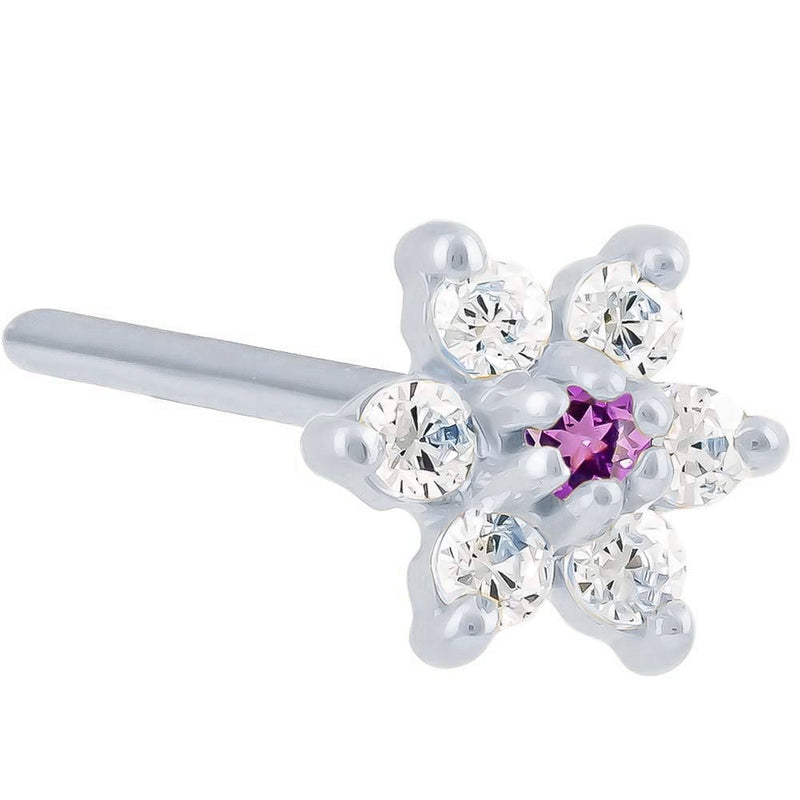 14K white gold flower nose ring with purple amethyst CZ center and clear petals, 20G