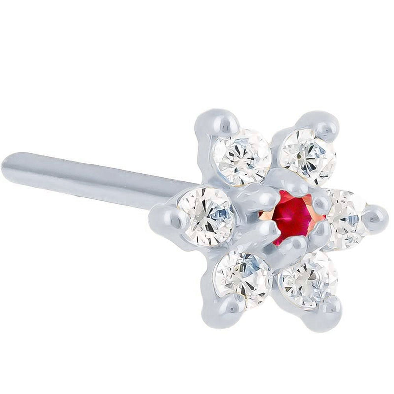 14K white gold flower nose ring with red ruby CZ center and clear CZ petals, 20G