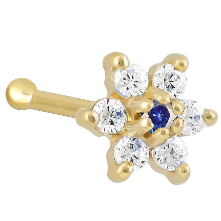 Cubic Zirconia Flower 14K Gold Nose Ring Bone-14K Yellow Gold   18G   Blue Sapphire CZ