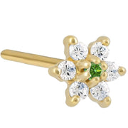 14K yellow gold flower nose ring with emerald green CZ center and clear CZ petals, front view