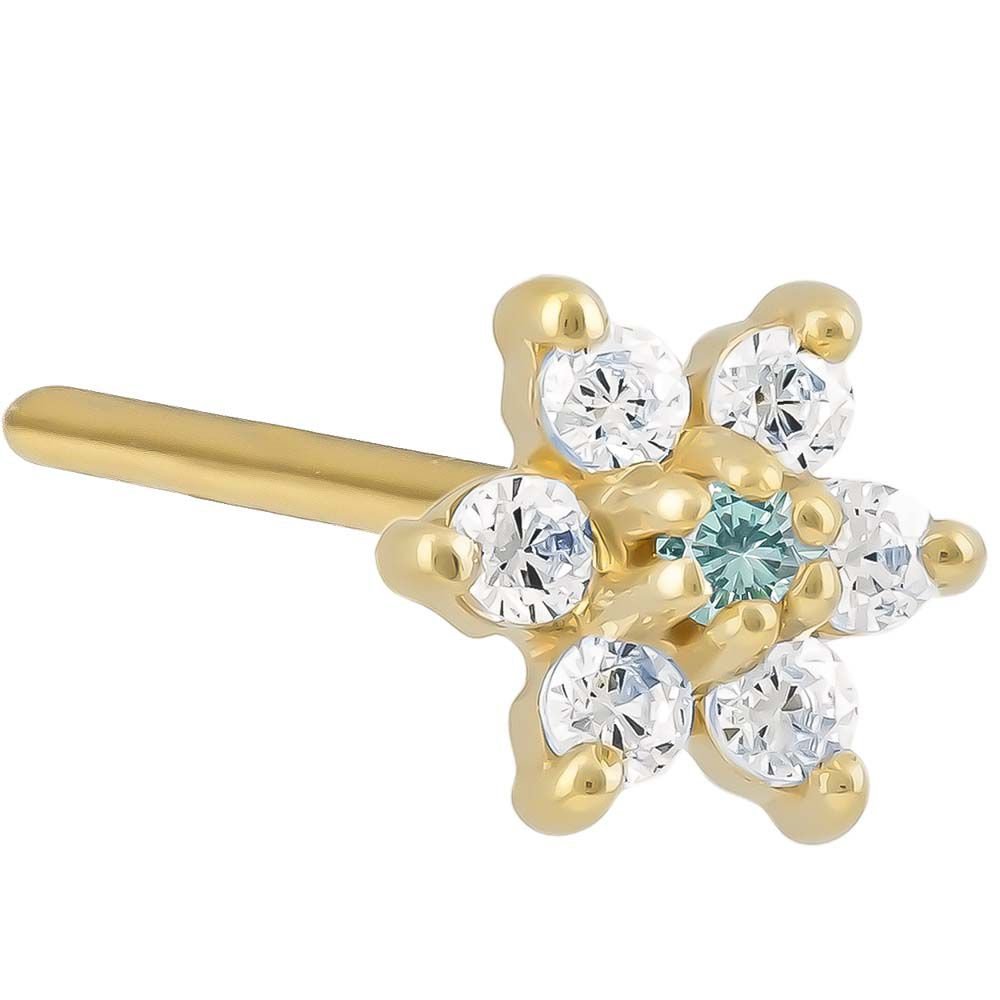 Cubic Zirconia Flower 14K Gold Pin Post Nose Ring-14K Yellow Gold   18G   Aquamarine CZ