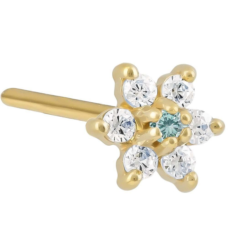 14K yellow gold flower nose ring with aquamarine teal CZ center and clear CZ petals, 18G