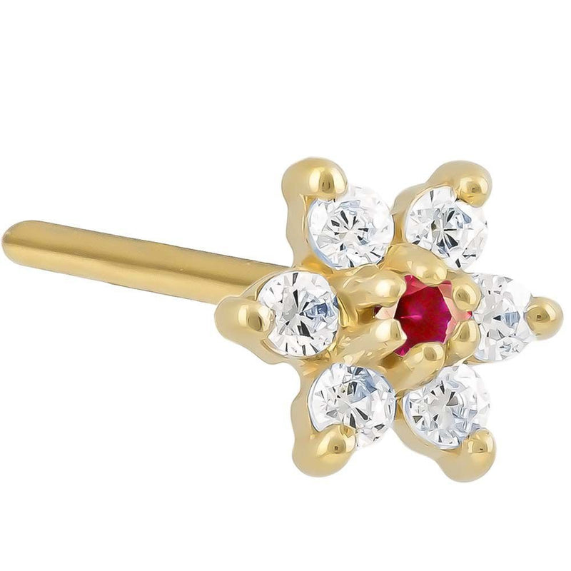 14K yellow gold flower nose ring with red ruby CZ center and clear CZ petals, 18G