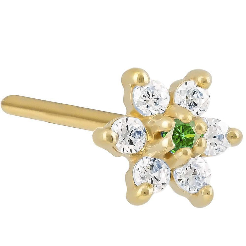 14K yellow gold flower nose ring with dark green emerald CZ center, 20G pin post