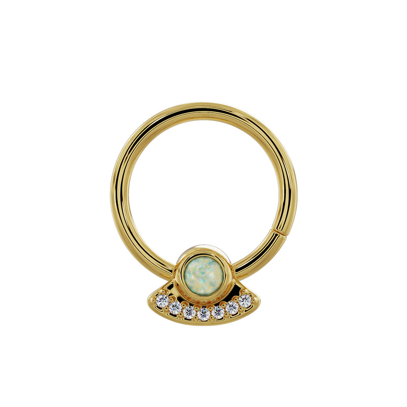 Close-up front view of 14K yellow gold UFO seam ring highlighting opal and diamond charm detail