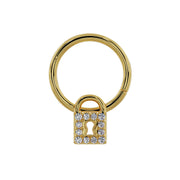 Close-up front view of 14k yellow gold seam ring highlighting diamond-set padlock charm detail
