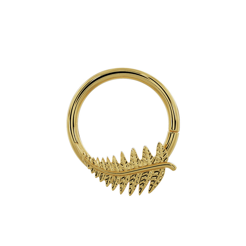 14K yellow gold fern leaf seam ring hoop, slightly rotated view showing leaf charm orientation