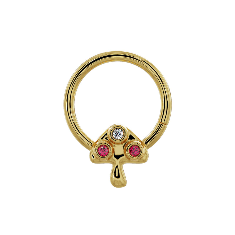 Close-up front view of 14K yellow gold mushroom seam ring highlighting diamond and ruby bezel detail
