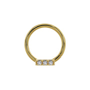 14K yellow gold trinity diamond seam ring with diamond bar centered at bottom, straight-on view