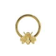 14K yellow gold bee seam ring, slightly elevated front view showing bee charm and seam closure