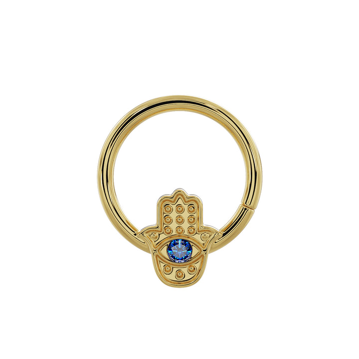 Hamsa with Sapphire Evil Eye 14K Gold Seam Ring Hoop