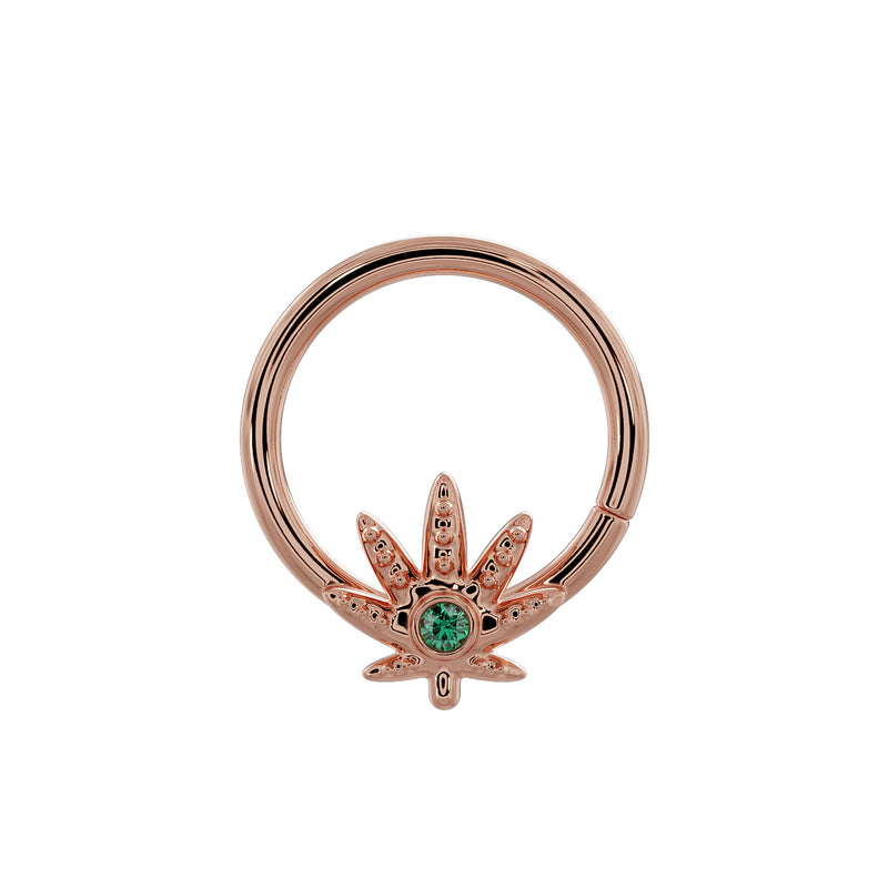 14K rose gold cannabis leaf seamless hoop with bezel-set emerald, centered front view
