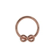 14K rose gold infinity seam ring, slightly zoomed-out front view showing warm hue and open symbol