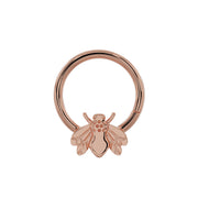 14K rose gold bee seam ring, larger diameter front view showing polished hoop and bee detail