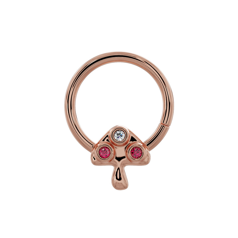 14K rose gold mushroom seamless ring close-up front view showing ruby and diamond stone placement