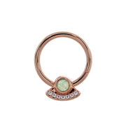 Close-up front view of 14K rose gold UFO seam ring showing opal bezel and diamond charm