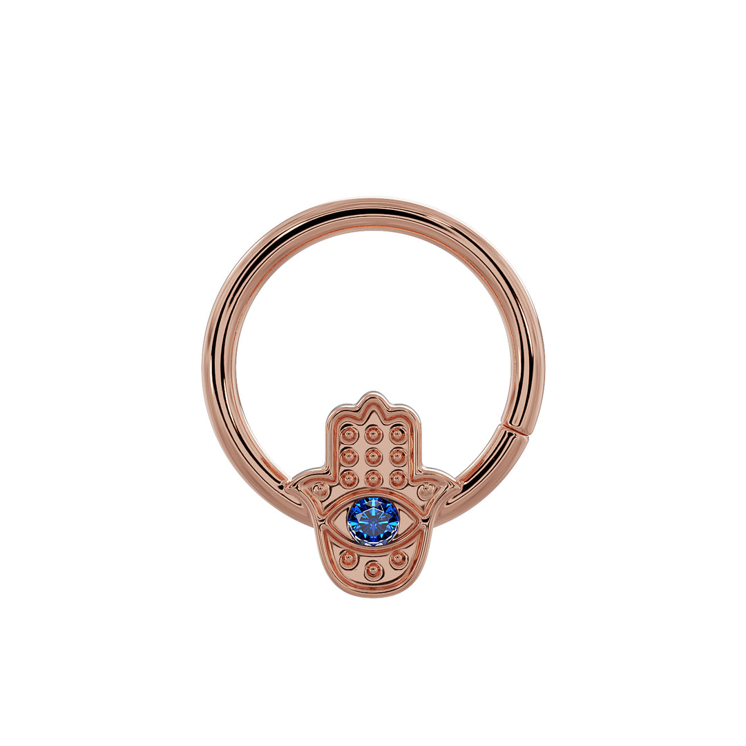 Hamsa with Sapphire Evil Eye 14K Gold Seam Ring Hoop