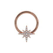 14K rose gold north star seam ring hoop, slightly larger view highlighting pave diamond star detail
