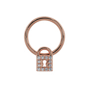 Close-up front view of 14k rose gold seam ring highlighting diamond-set padlock charm detail