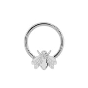 14K white gold bee seam ring hoop, larger diameter front view with engraved bee charm