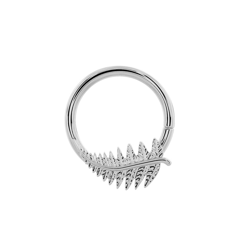14K white gold fern leaf seam ring hoop, angled view highlighting cool-tone finish and leaf detail