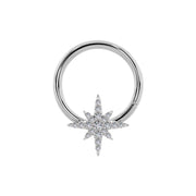 14K white gold north star seam ring, larger view showing 21-diamond pave star charm against polished band