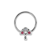14K white gold mushroom seamless ring close-up front view with diamond cap and two ruby stones