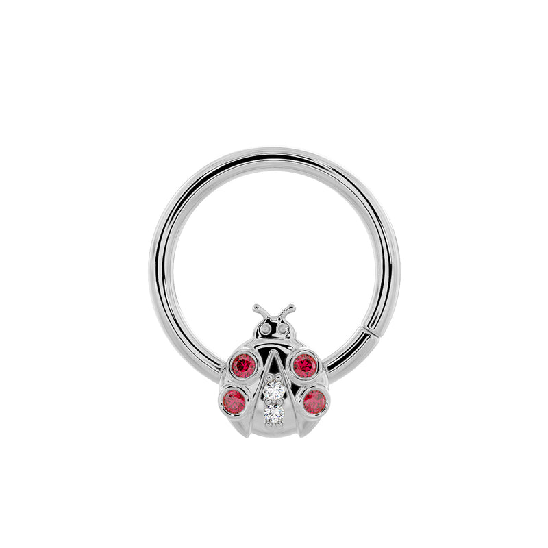 14K white gold ladybug seam ring, larger diameter showing polished hoop and gem-set ladybug charm