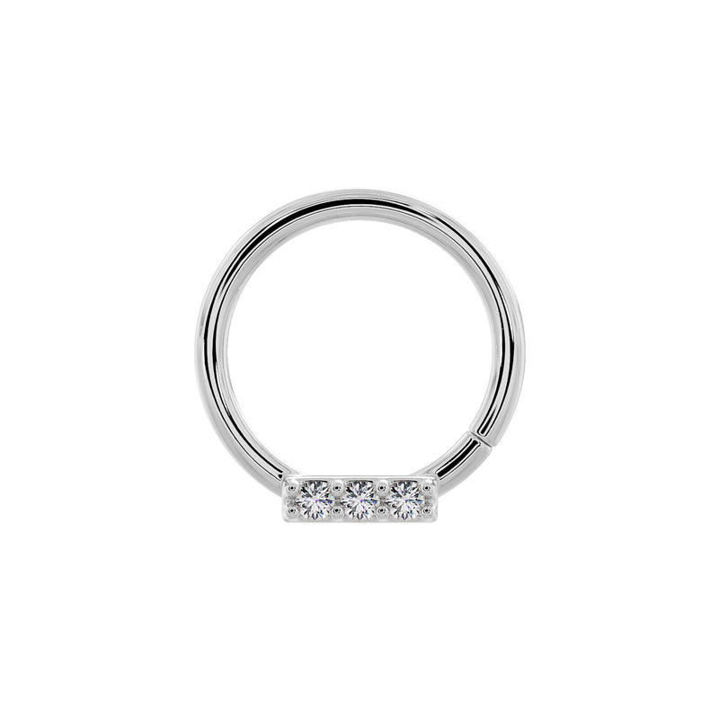 14K white gold seam ring with three-diamond bar centered at bottom, straight-on view