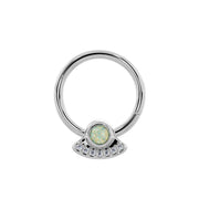 Close-up front view of 14K white gold UFO seam ring with opal and pave diamond charm
