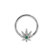 14K white gold marijuana leaf seamless ring with emerald stone, centered front view