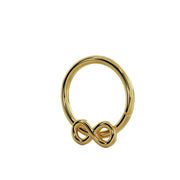 Angled side view of 14K yellow gold infinity seam ring showing dimensional infinity symbol detail