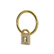 Angled side view of 14k yellow gold diamond lock seam ring showing three-dimensional padlock charm