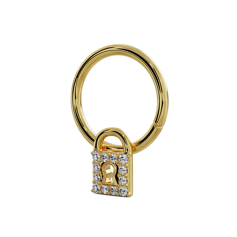 Angled side view of 14k yellow gold diamond lock seam ring showing three-dimensional padlock charm