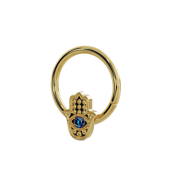 Hamsa with Sapphire Evil Eye 14K Gold Seam Ring Hoop