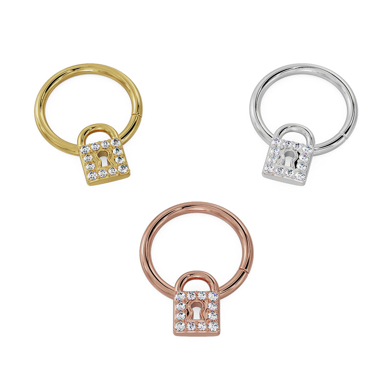 Diamond lock seam ring in larger gauge, shown in yellow gold, white gold, and rose gold variants