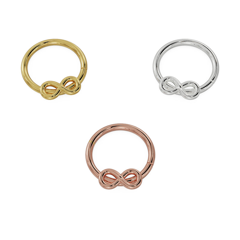 All three 14K gold color options for infinity seam ring: yellow, white, and rose gold, angled view
