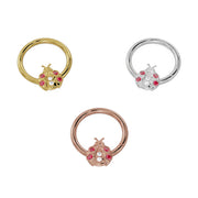 Ladybug diamond seam ring in yellow gold, white gold, and rose gold shown at smaller diameter for size comparison